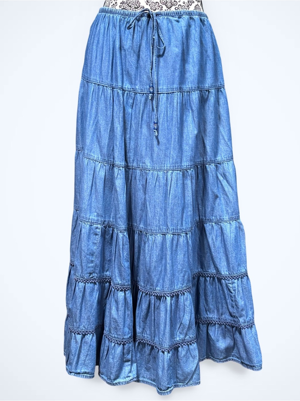 VTG White Stag Chambray Denim Tiered Maxi Skirt L Pull On Prairie Cottagecore - Picture 5 of 9